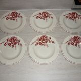Lot de 6 assiettes creuses anciennes en faïence beige et rouge