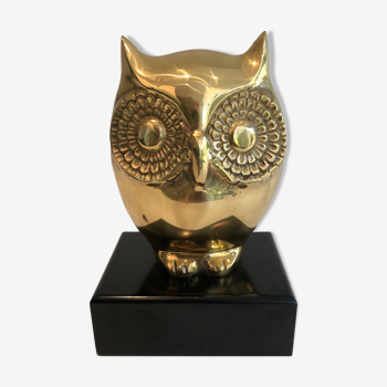 Brass Owl on Black Lacquered Wood Base