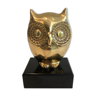 Brass Owl on Black Lacquered Wood Base