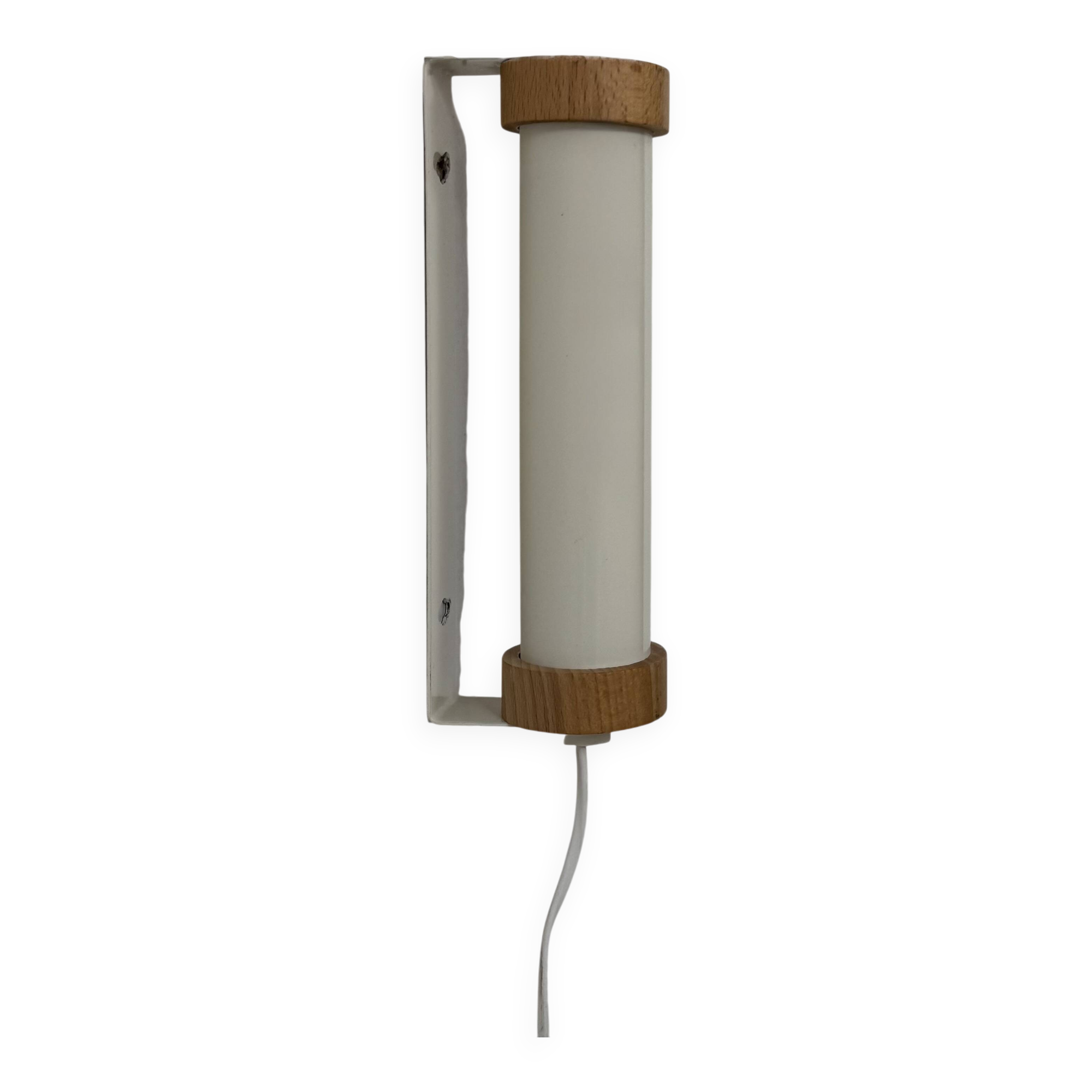 Vintage adjustable wall light, white lacquered metal and pine, Sweden, 1980.