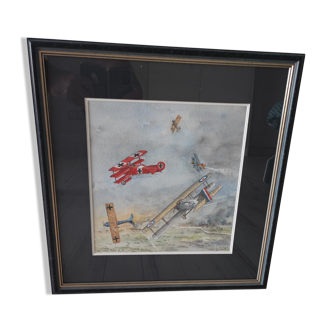 Watercolor of a plane fight from the 1914-1918 war