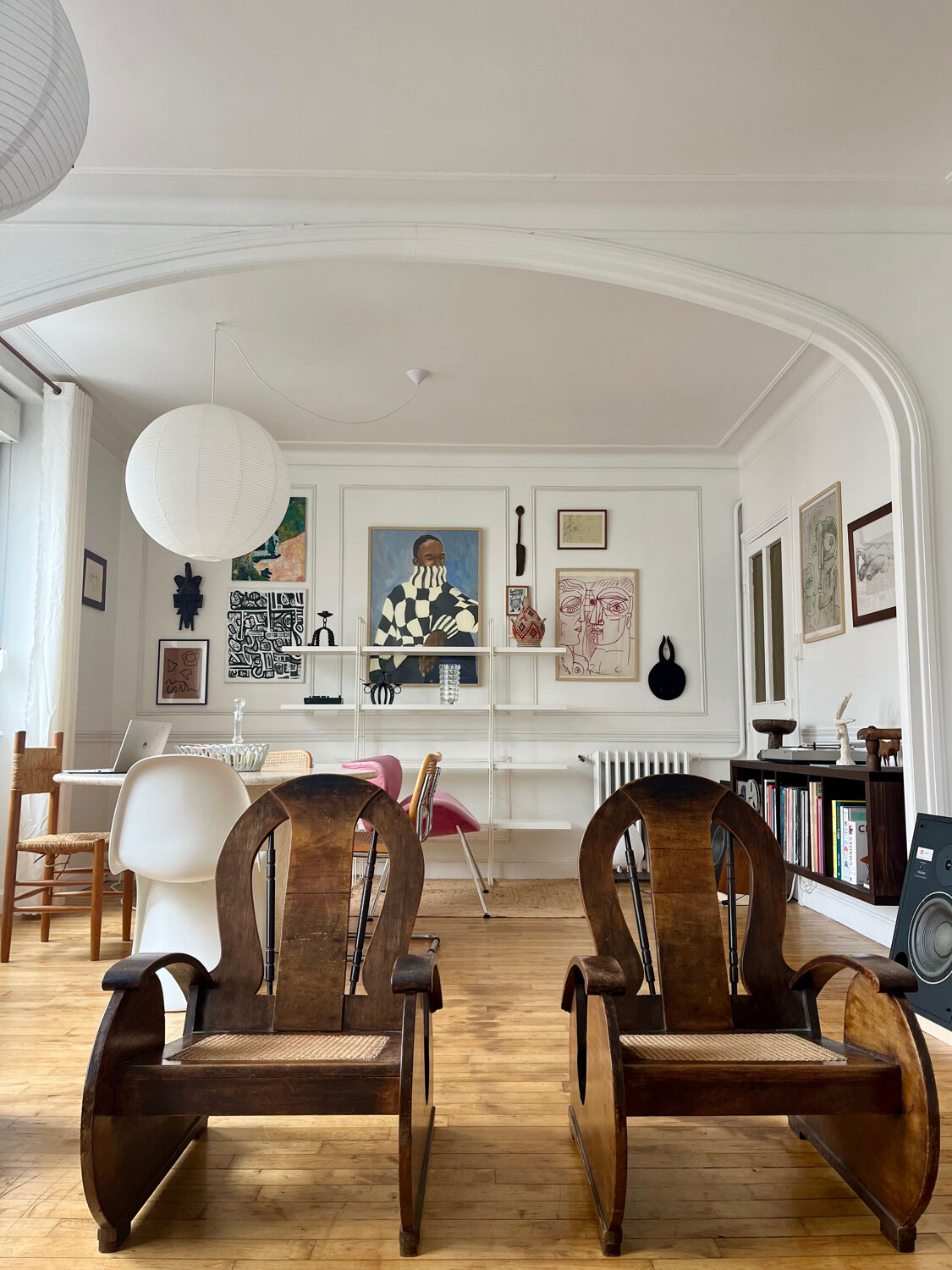 Pair of Art Deco armchairs in wood and cane.