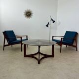 Set of 2 Scandinavian design teak armchairs from the 60s, new blue fabric
