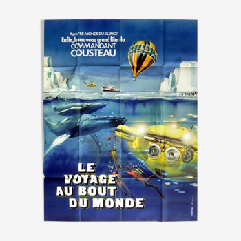 Affiche originale de 1975 Voyage au bout du monde Jacques Yves Cousteau fond marin 120x160 cm