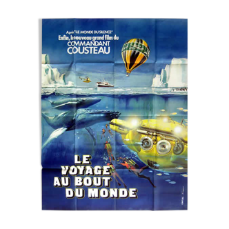 Affiche originale de 1975 Voyage au bout du monde Jacques Yves Cousteau fond marin 120x160 cm