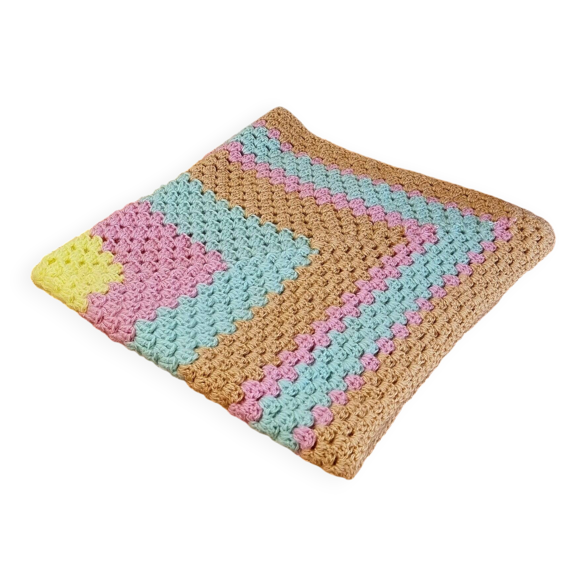 Vintage pastel crochet blanket for children.