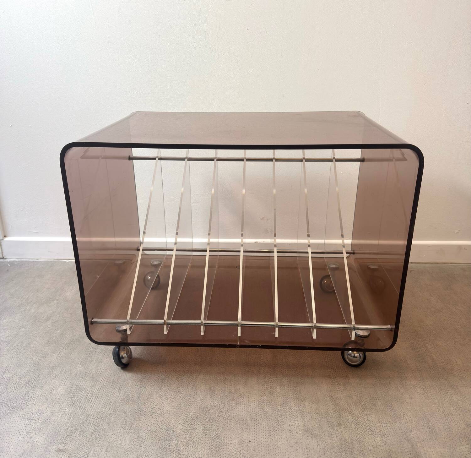 Hi-fi furniture in smoked Plexiglas by Michel Dumas for Roche Bobois.
