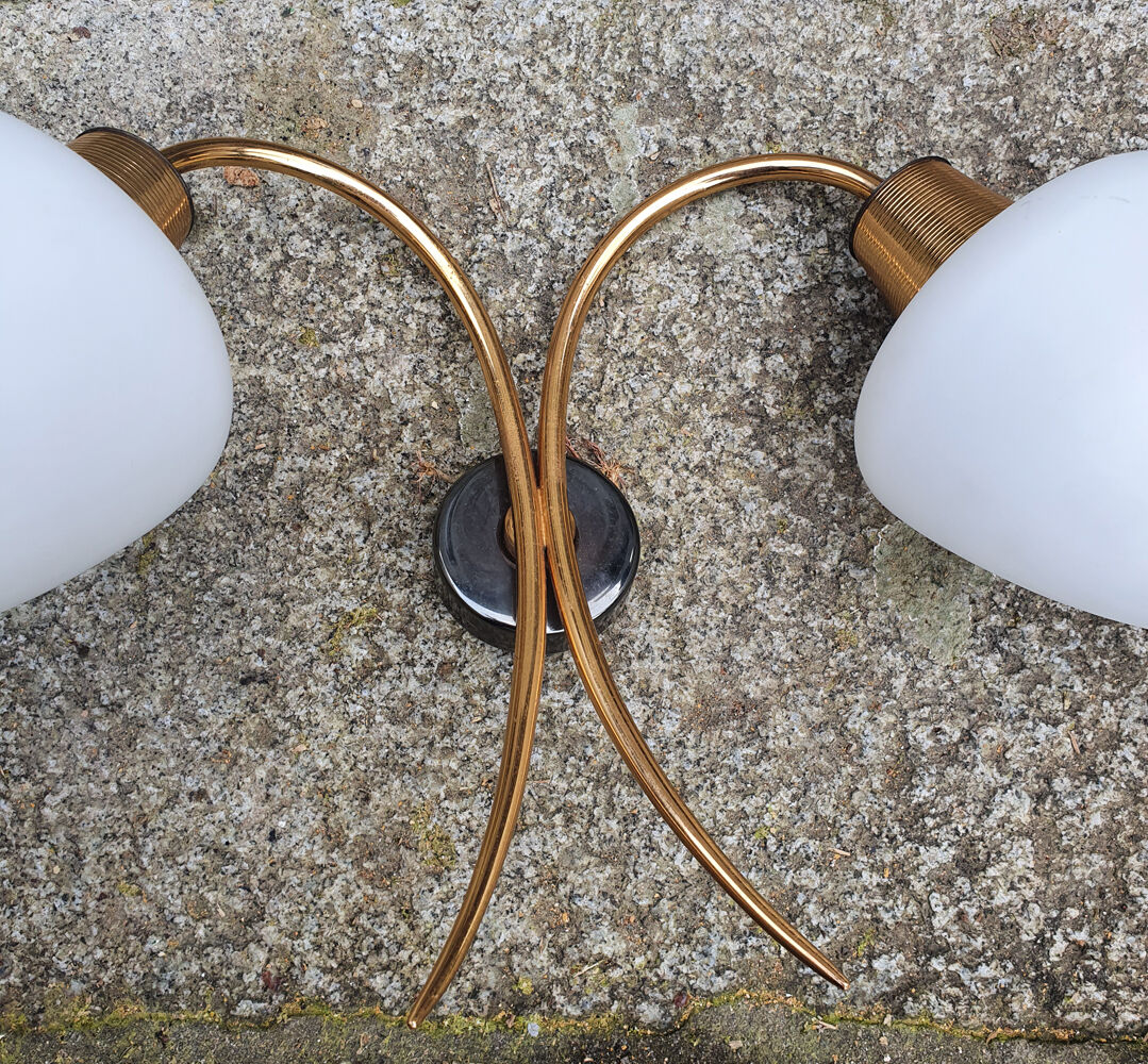 Double wall light, brass and opaline, Maison Arlus, 1950s