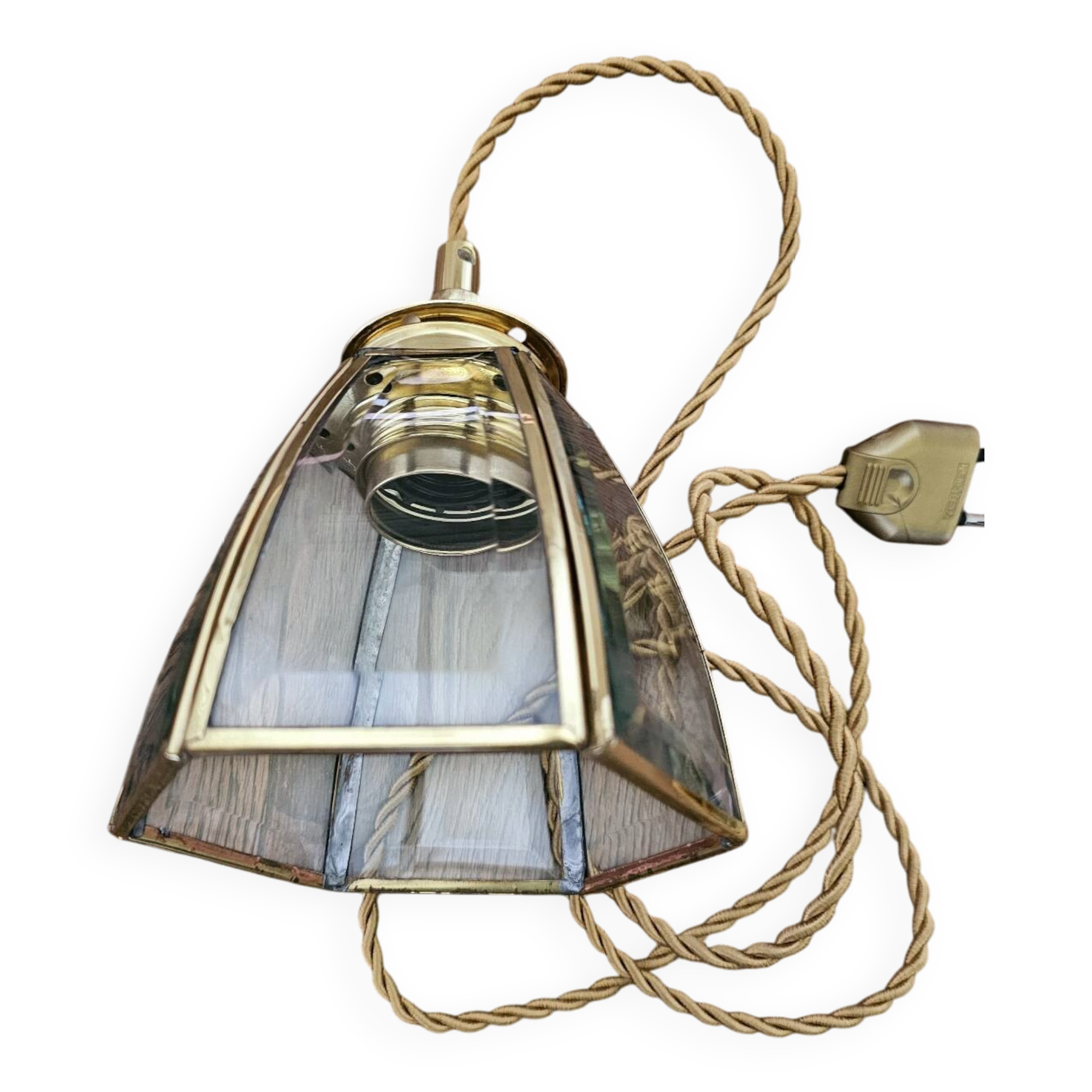 Antique portable lamp with chiseled glass and brass