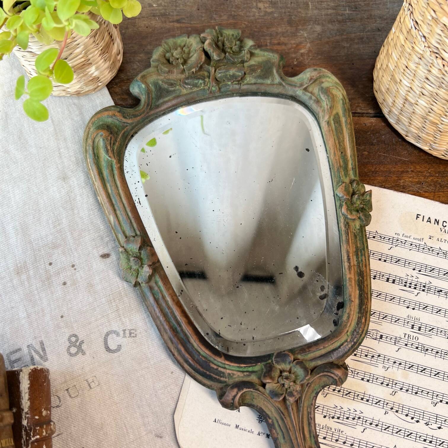 Wooden “hand-held” mirror with MB initials