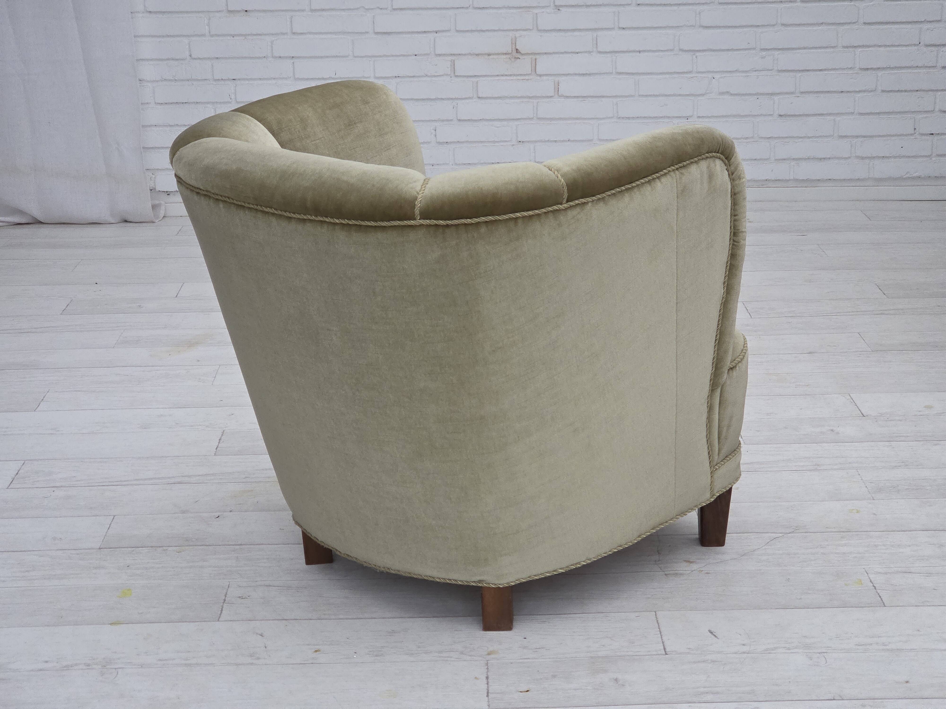 1970s, Danish armchair, original green furniture velour, oak wood.