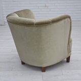 1970s, Danish armchair, original green furniture velour, oak wood.