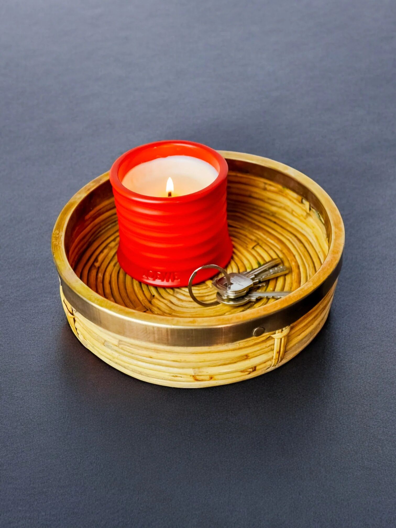 Rattan and brass tray, Italy, 1970s