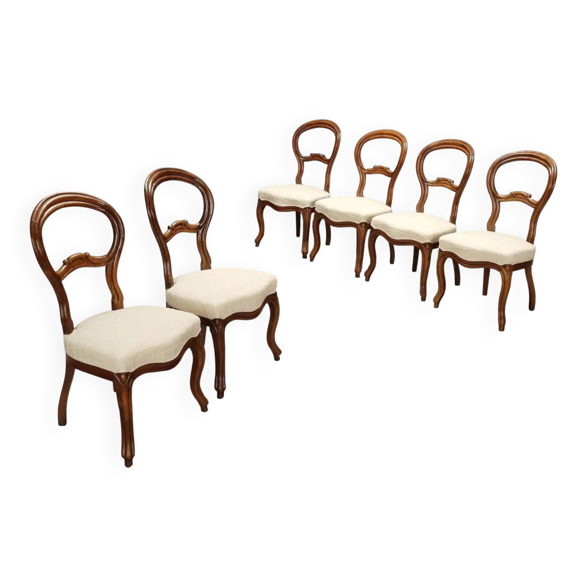 Antique Louis-Philippe chairs in walnut and fabric, Italy, 19th century.