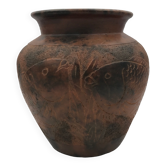 Vase or pot in brown terracotta with artistic decoration of fish.