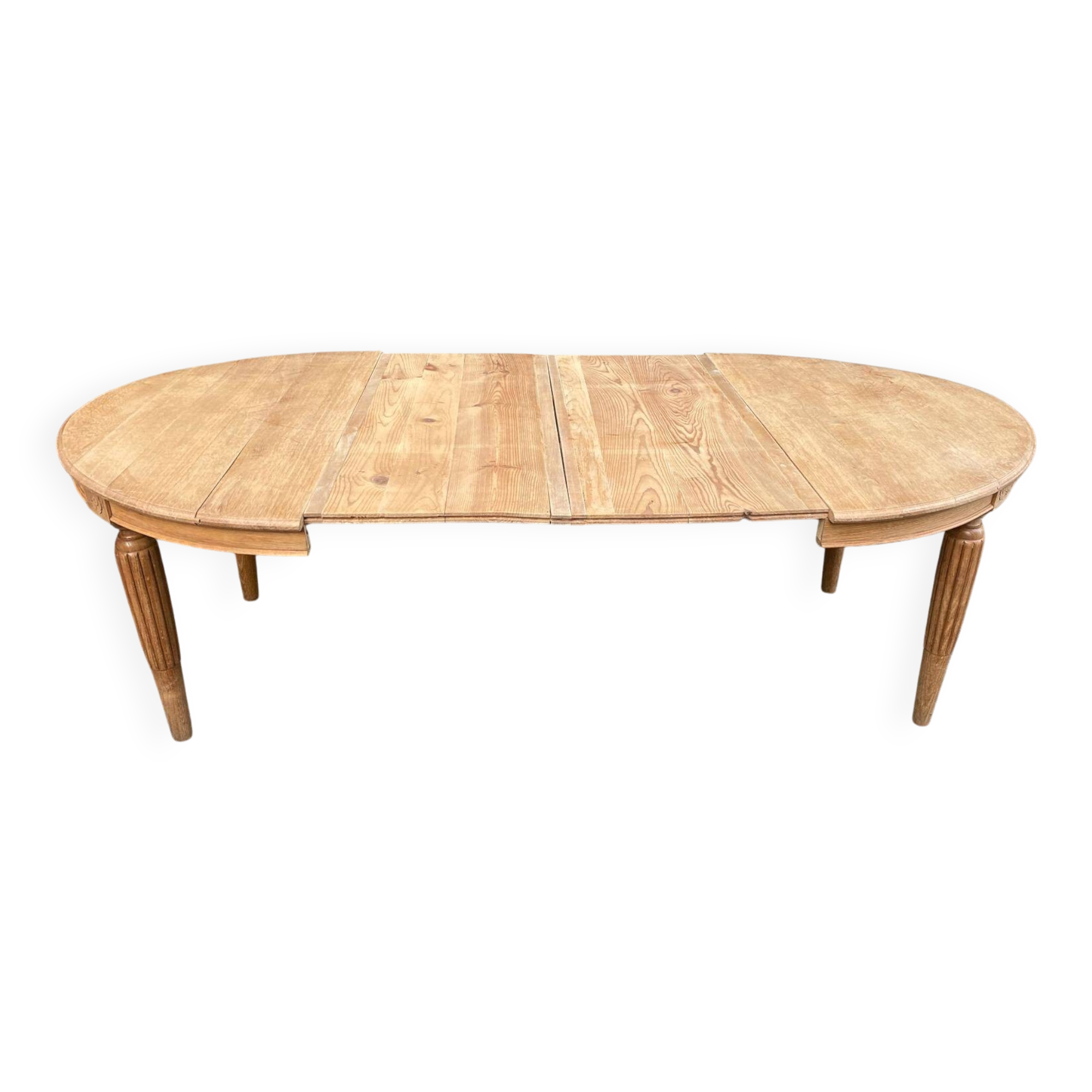 Table à manger art déco ronde extensible rénové en bois brut 1950 225cm