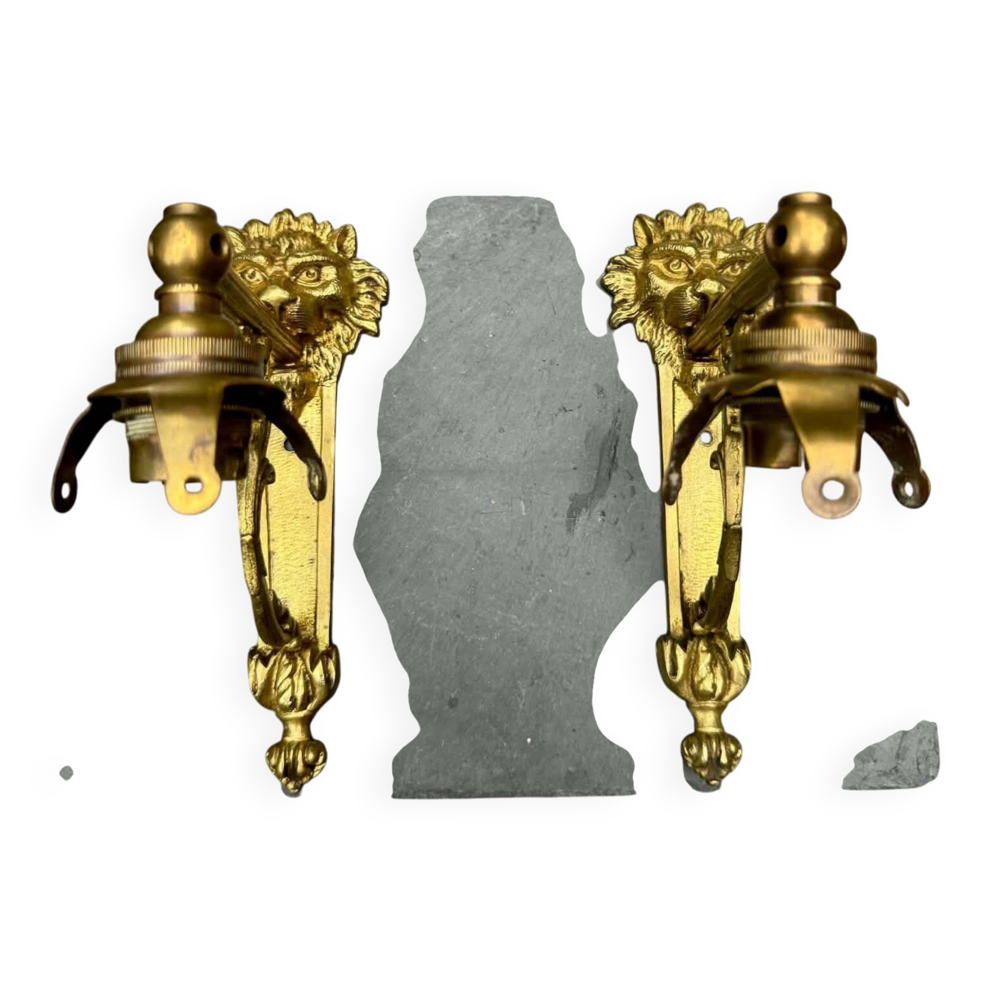 2 brass lion Empire wall sconces