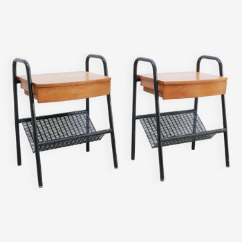Pair of modernist bedside tables in wood and metal by Jacques Hitier for Tubauto editions