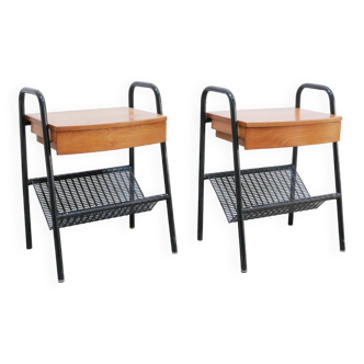 Pair of modernist bedside tables in wood and metal by Jacques Hitier for Tubauto editions