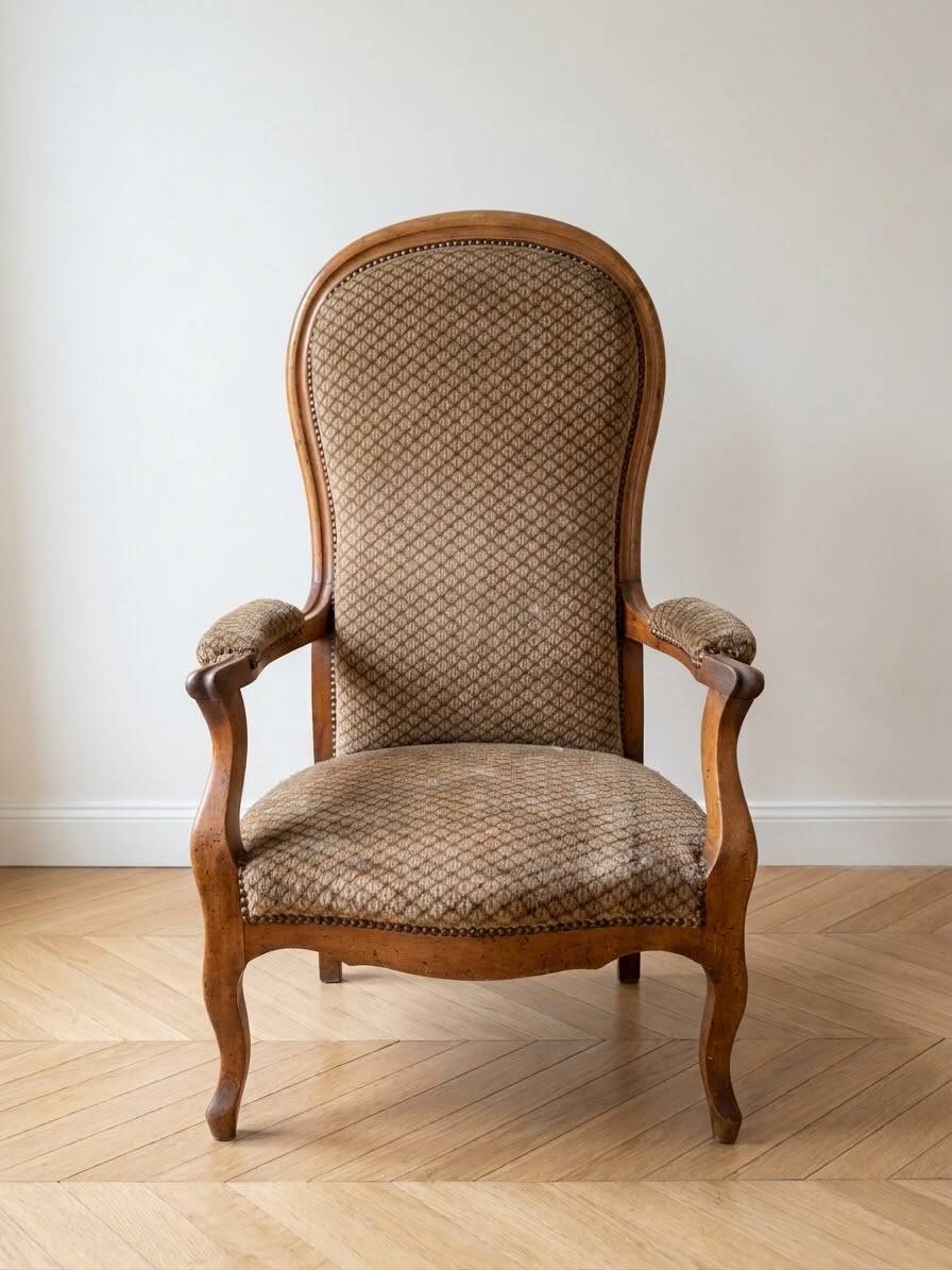 Classic Voltaire Armchair in Wood and Brown Fabric