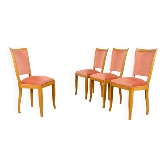 4 vintage beech & velvet chairs 1950