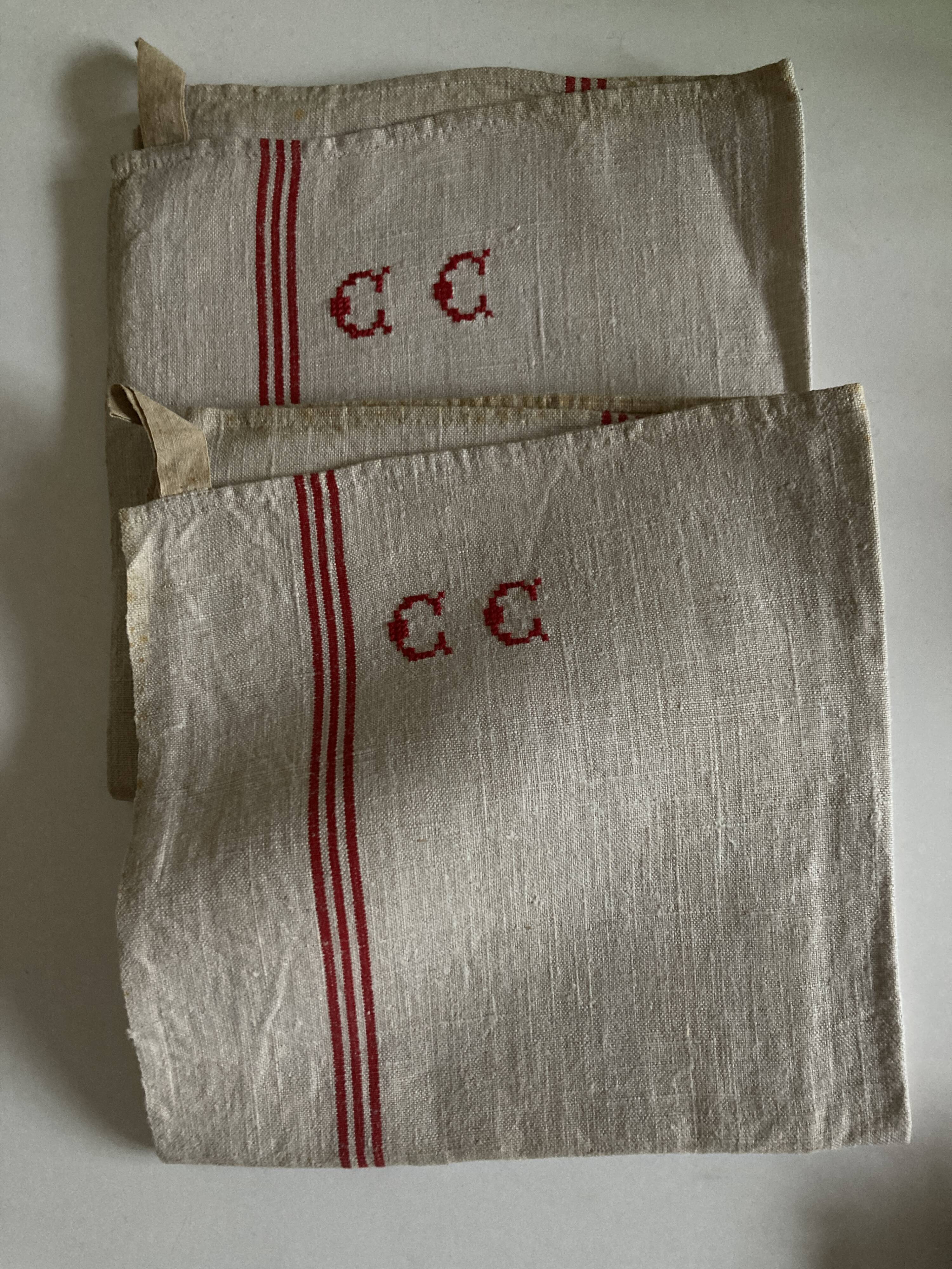 Pair of new old linen cloth tea towels 1930 initials CC