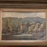 Petit tableau d'un chateau en bordure de rivière
