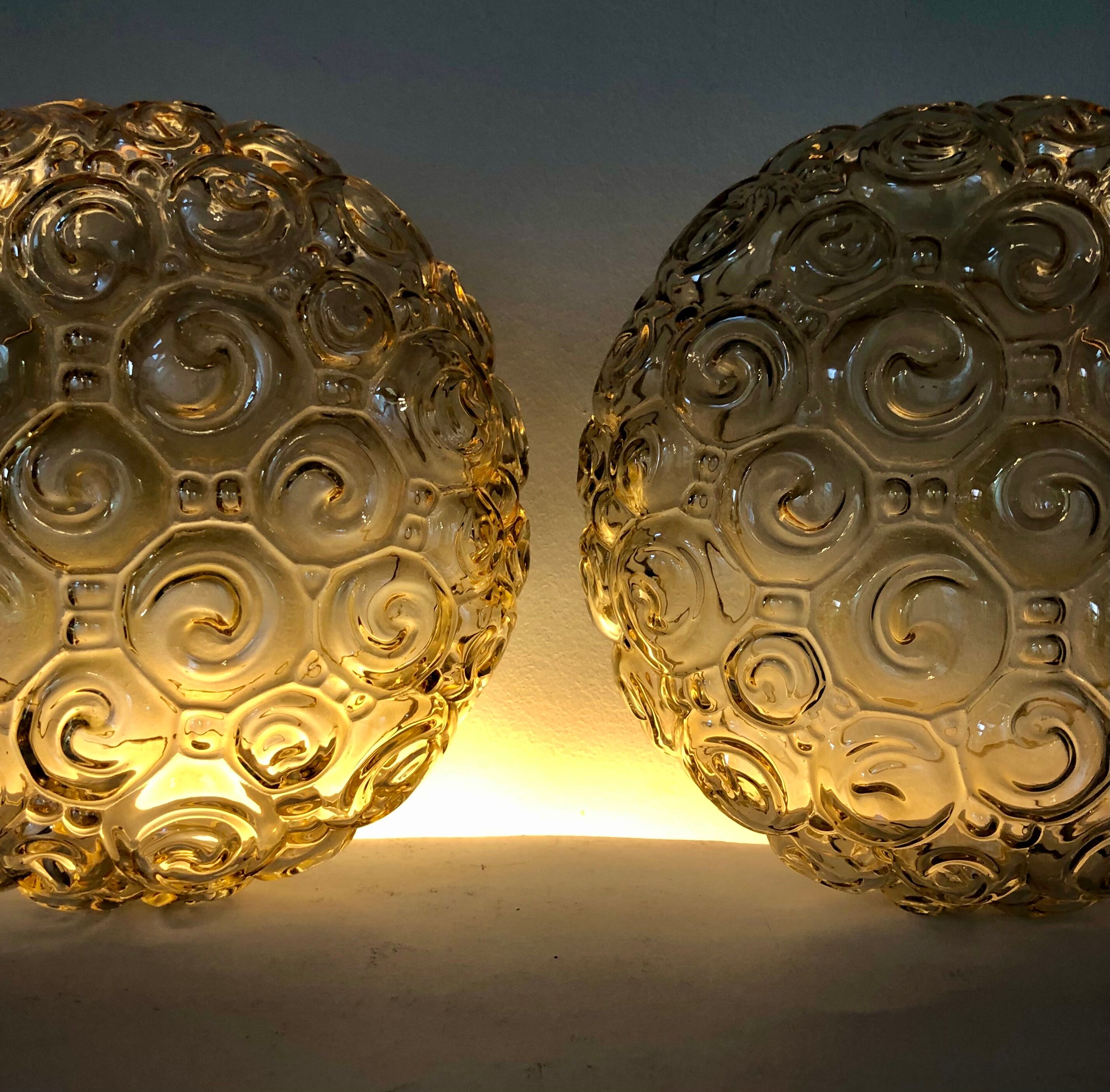 2 snail wall lamps amber glass by Helena Tynell 1960