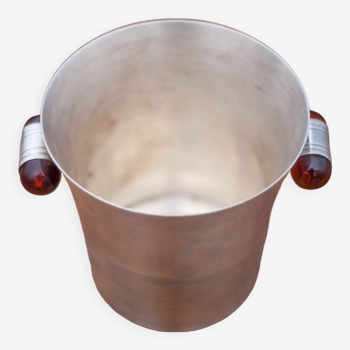 Art Deco ice bucket, silver metal ice bucket Bakelite handles