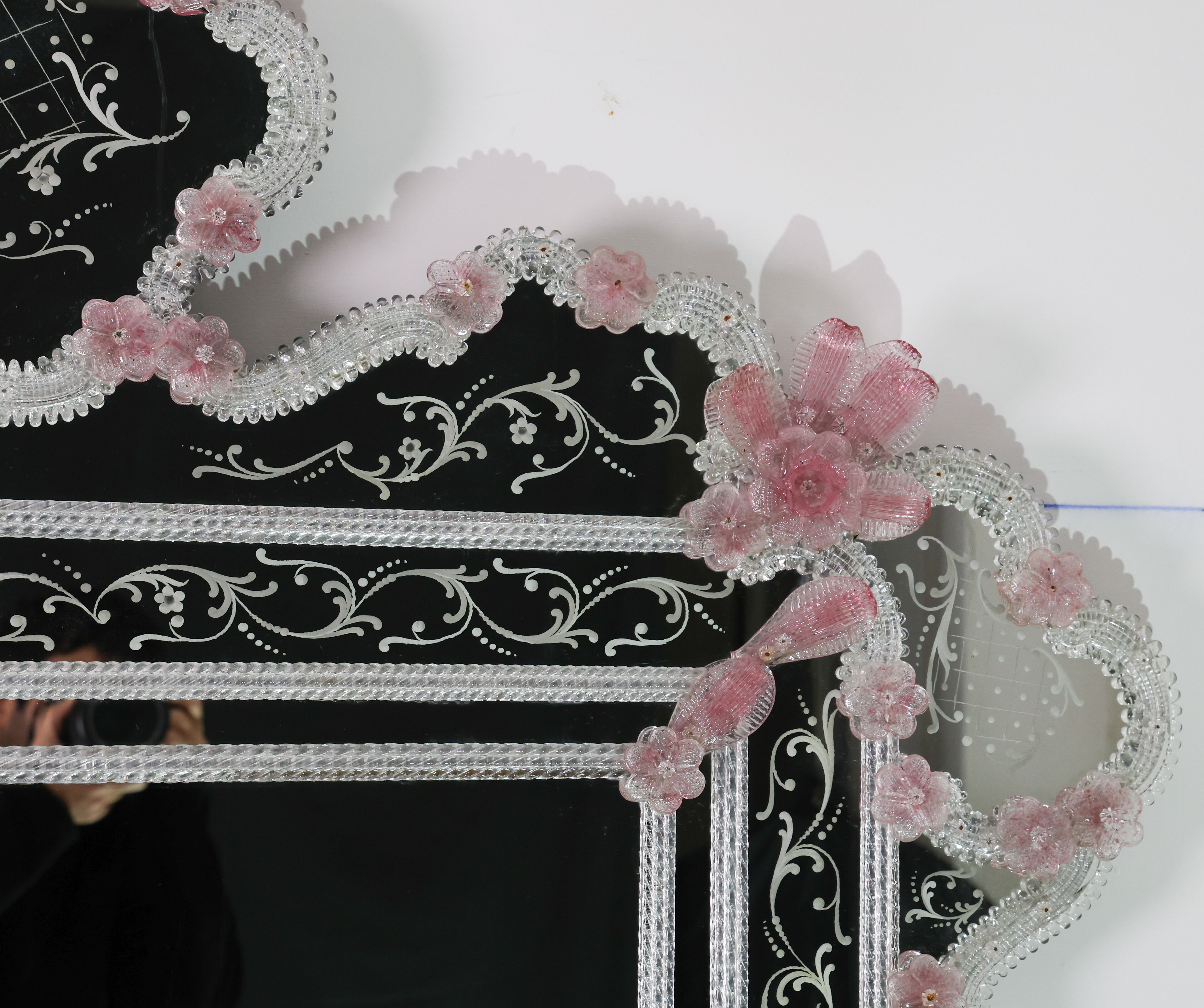 Exceptional Extra Large Size Vintage Pink Murano Glass Wall Mirror, 1950s