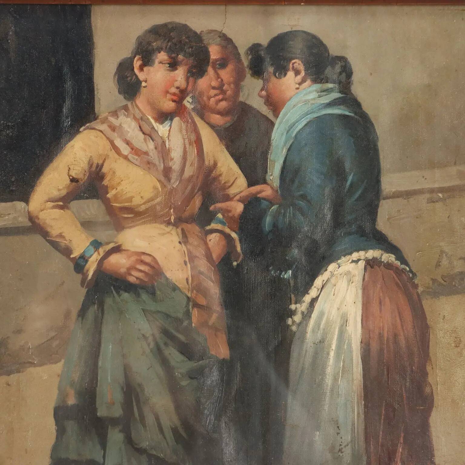 Portrait of 3 commoners, old oil painting on canvas from the 1800s.