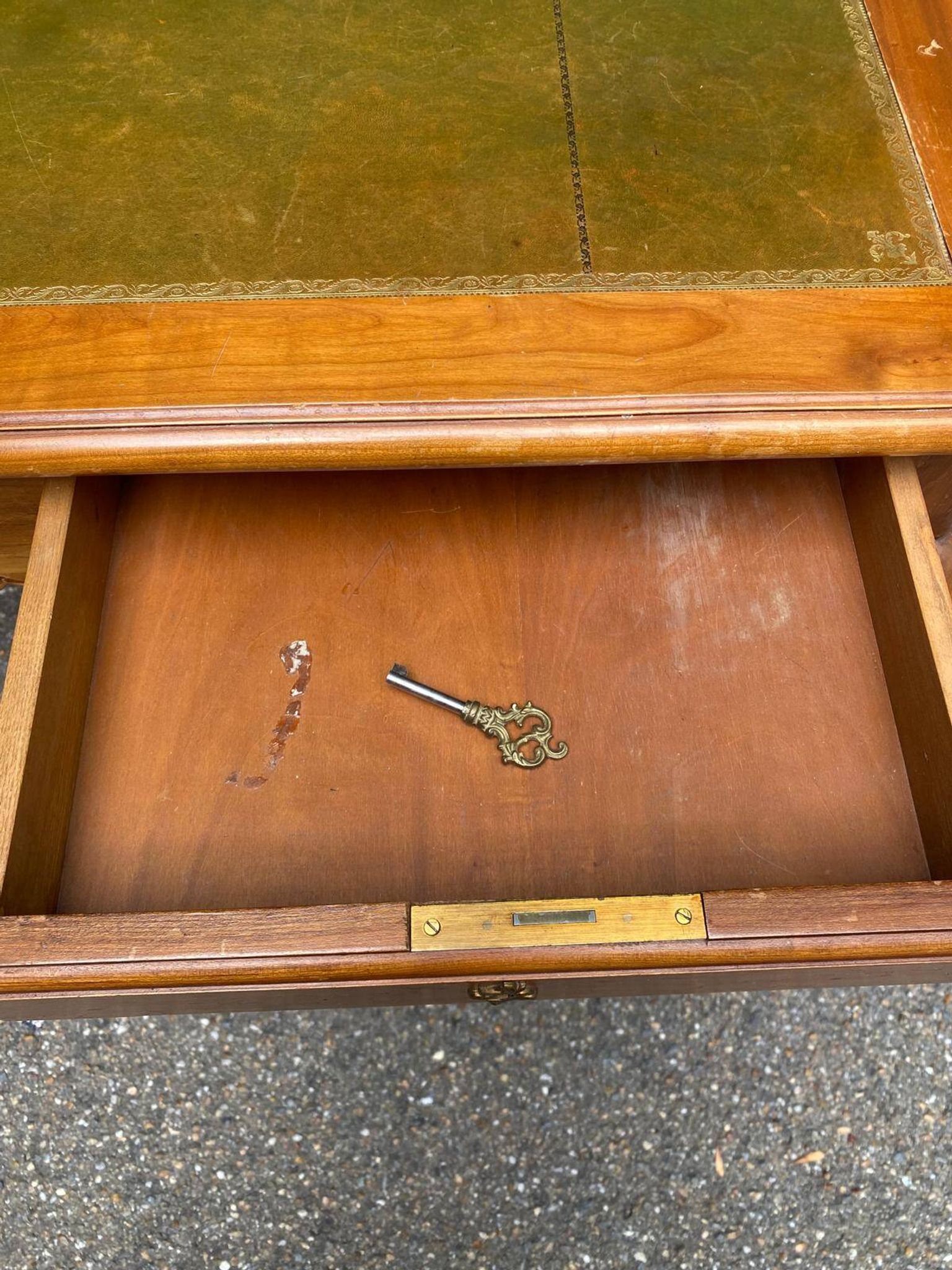 Louis XV style flat desk in solid cherry wood with pull-out extensions and leather top 19
