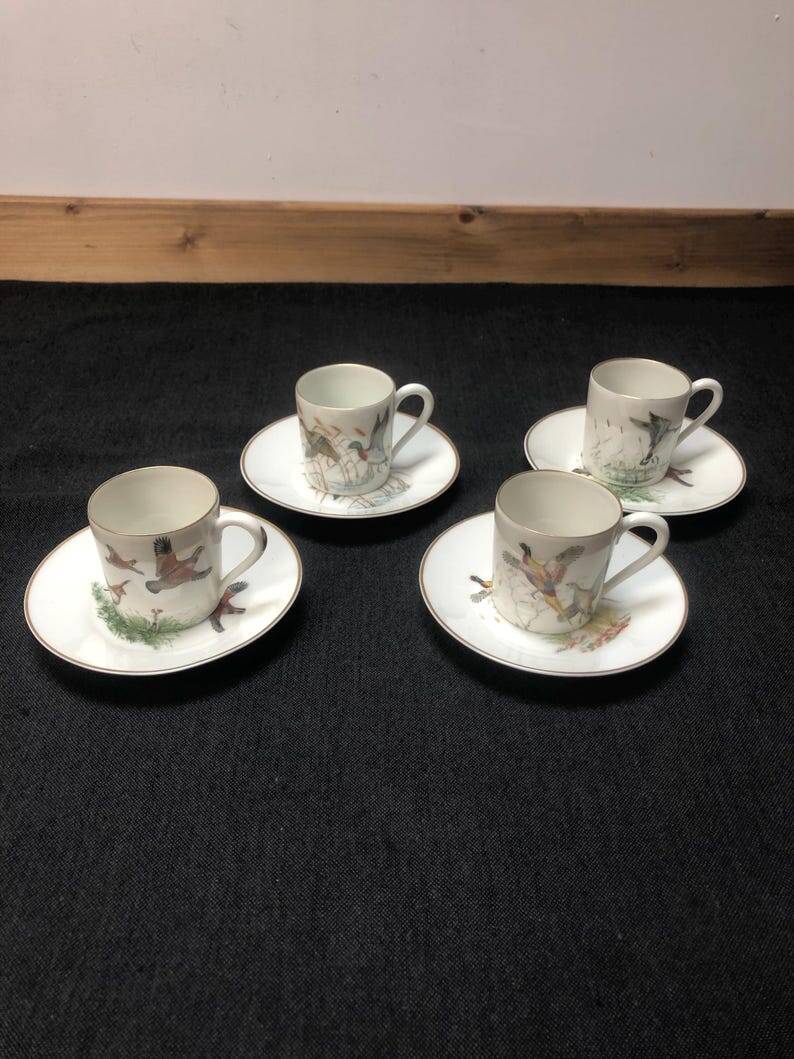 Porcelain de Paris Espresso Cup & Saucer Set: Bird Motif, Gilded, 1950s