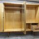 1960s Scandinavian wardrobe, blonde varnished wood, unusual, 4 doors, 3 drawers, 7 shelves.