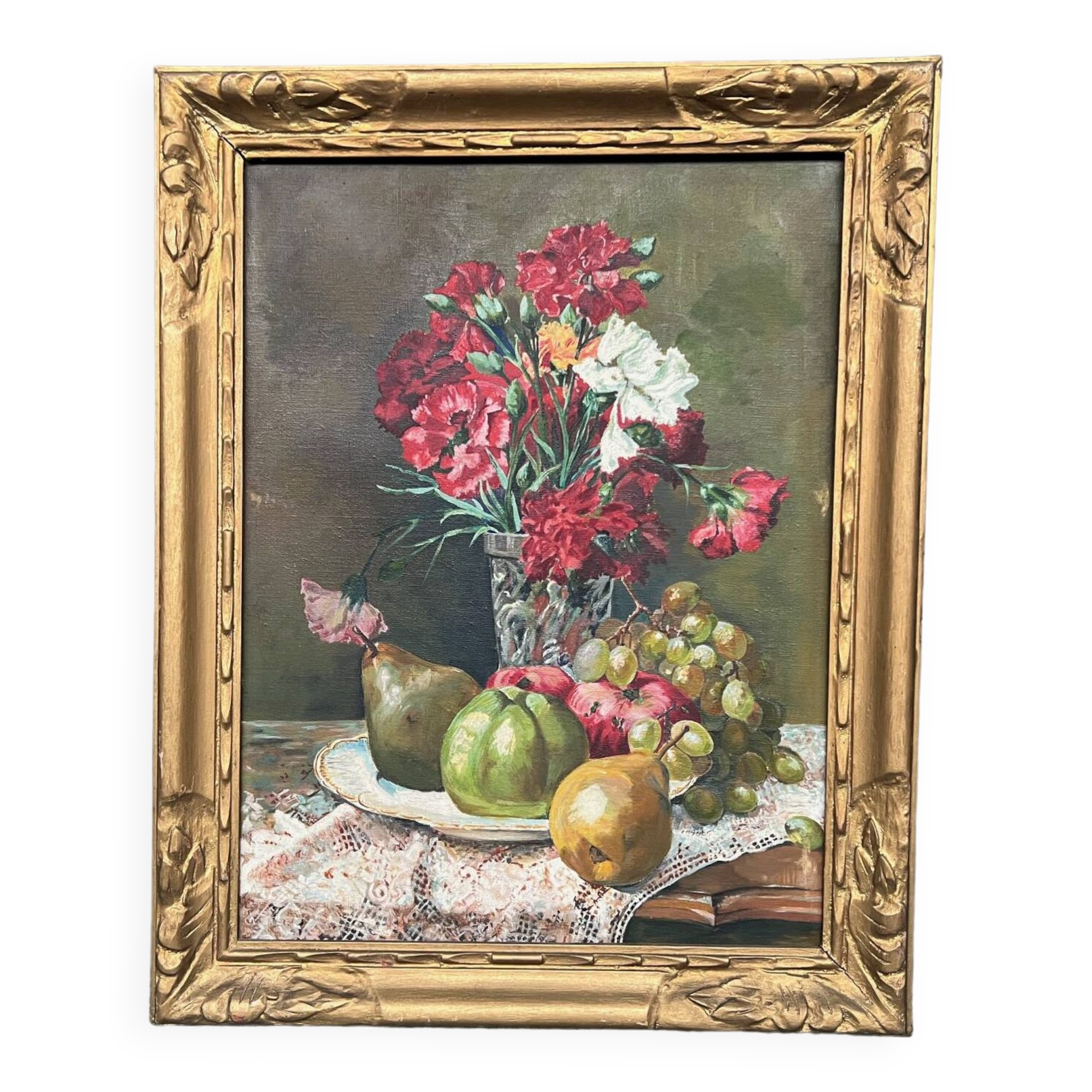 Old painting “Still life with flowers and fruit”.