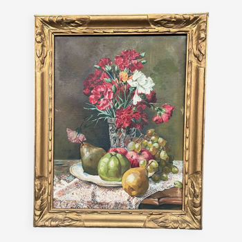 Old painting “Still life with flowers and fruit”.