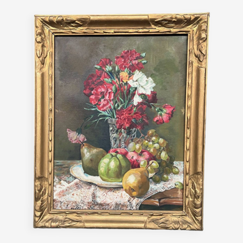 Tableau ancien « Nature morte aux fleurs et aux fruits ».