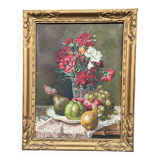 Tableau ancien « Nature morte aux fleurs et aux fruits ».