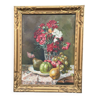 Old painting “Still life with flowers and fruit”.