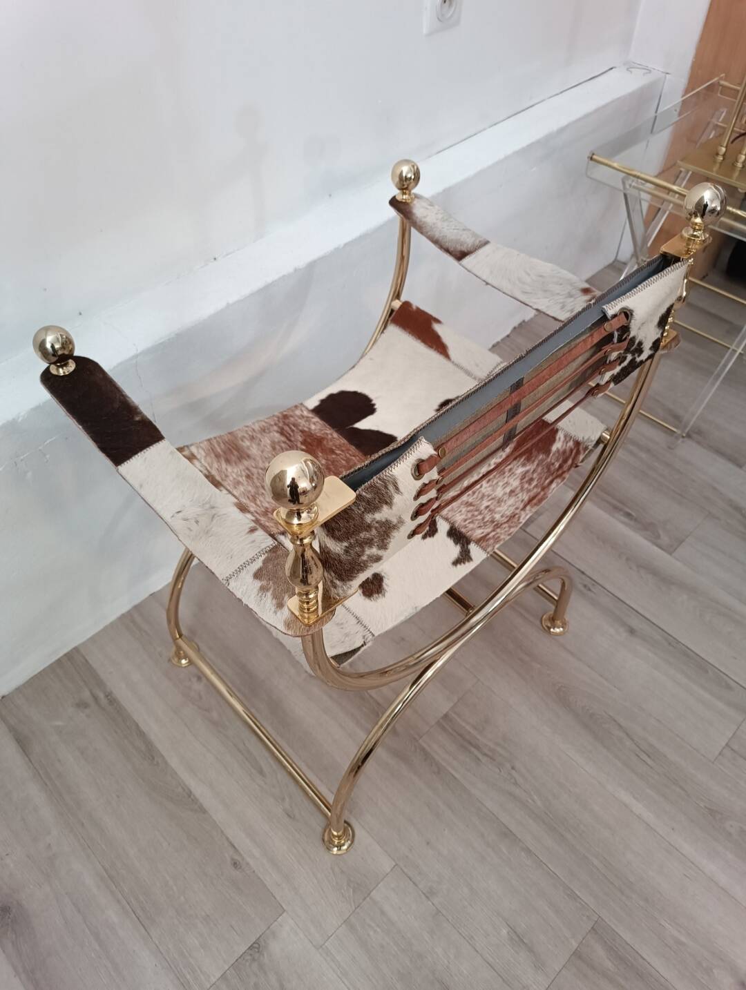 Leather and brass side chair by Simon Disegno Italy 1970s