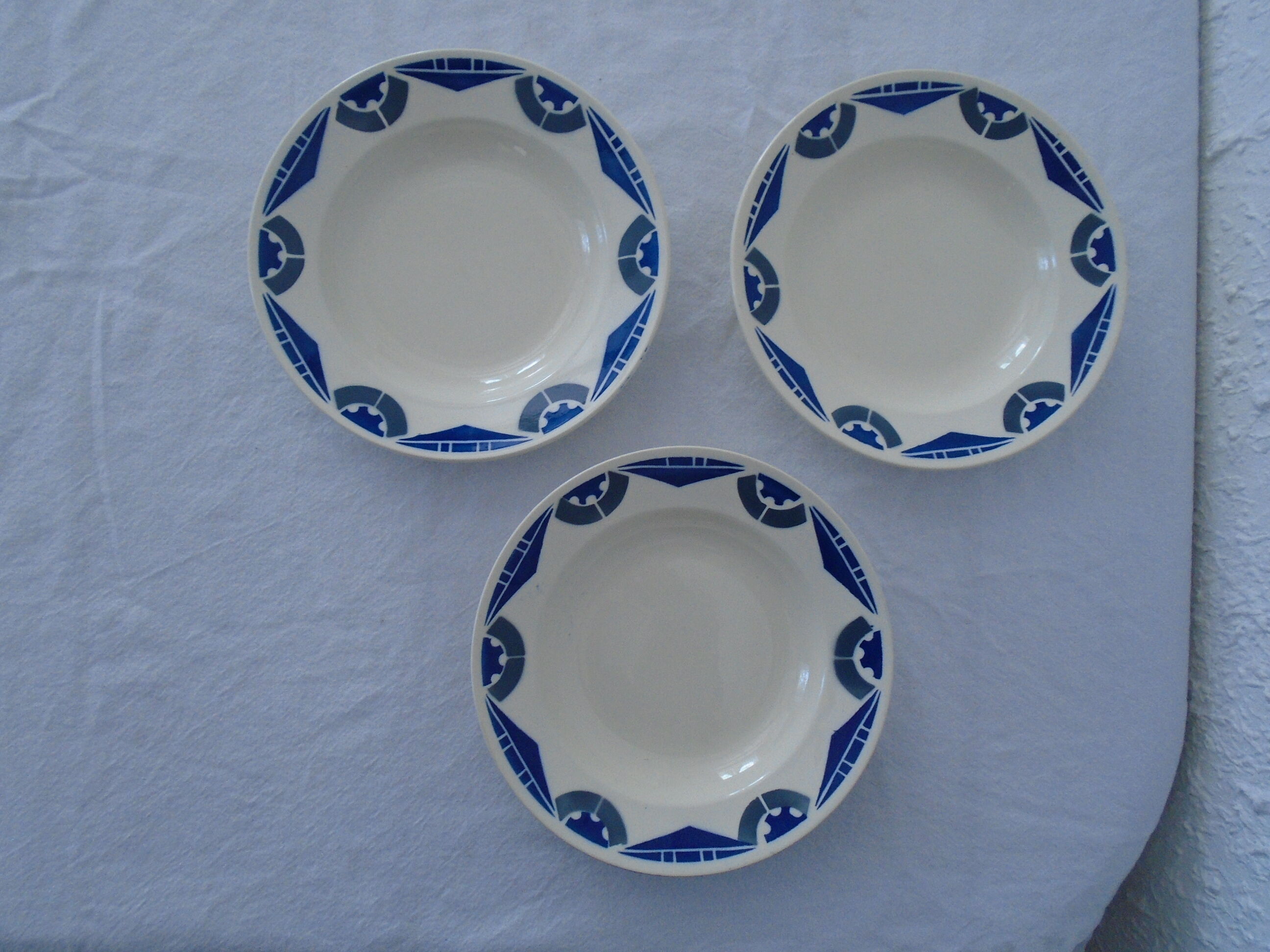 3 Plates faience old Badonviller motis art deco blue and gray