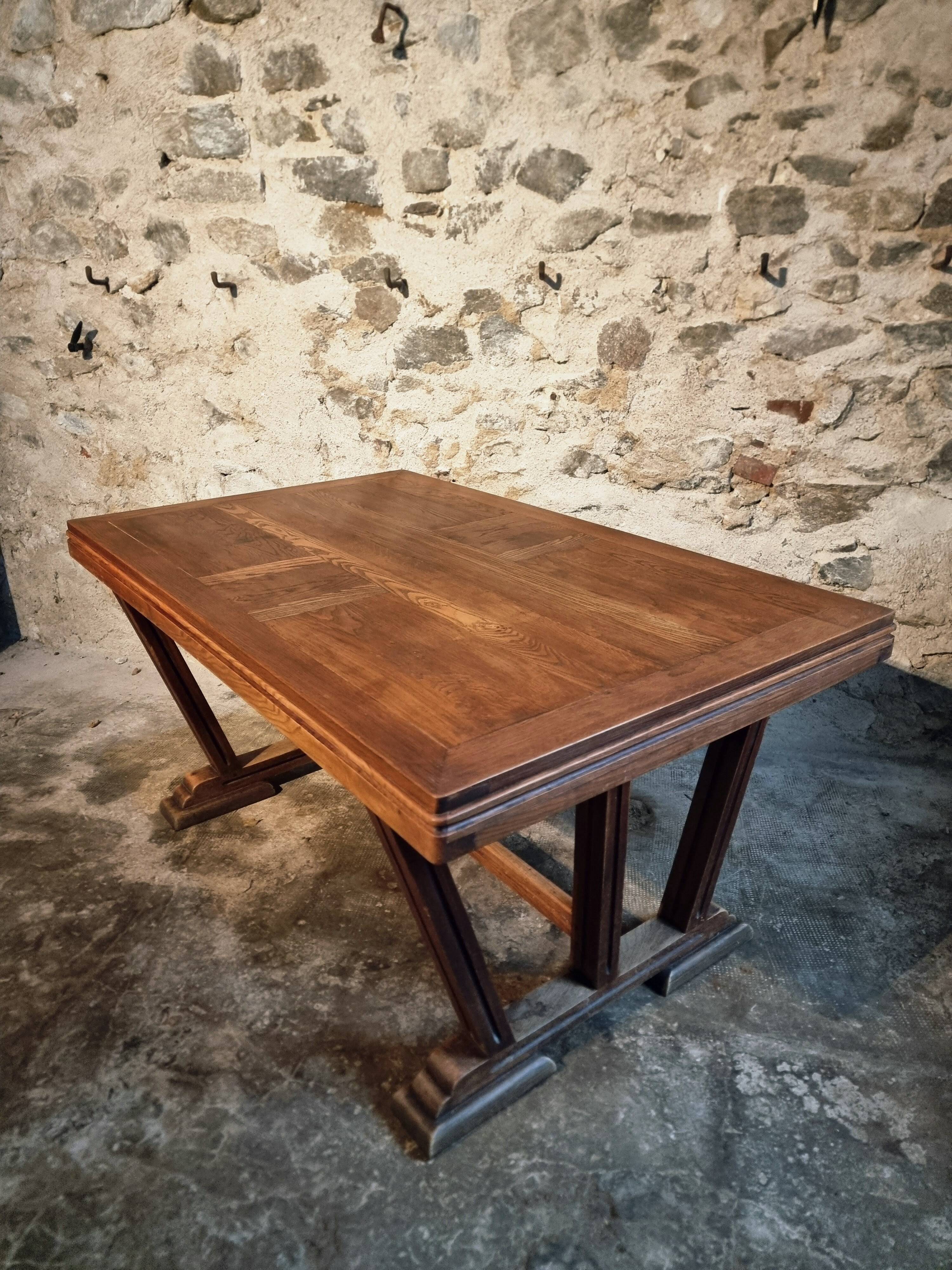 French vintage table in solid oak, Arts & Crafts style, 1930s–1940s.