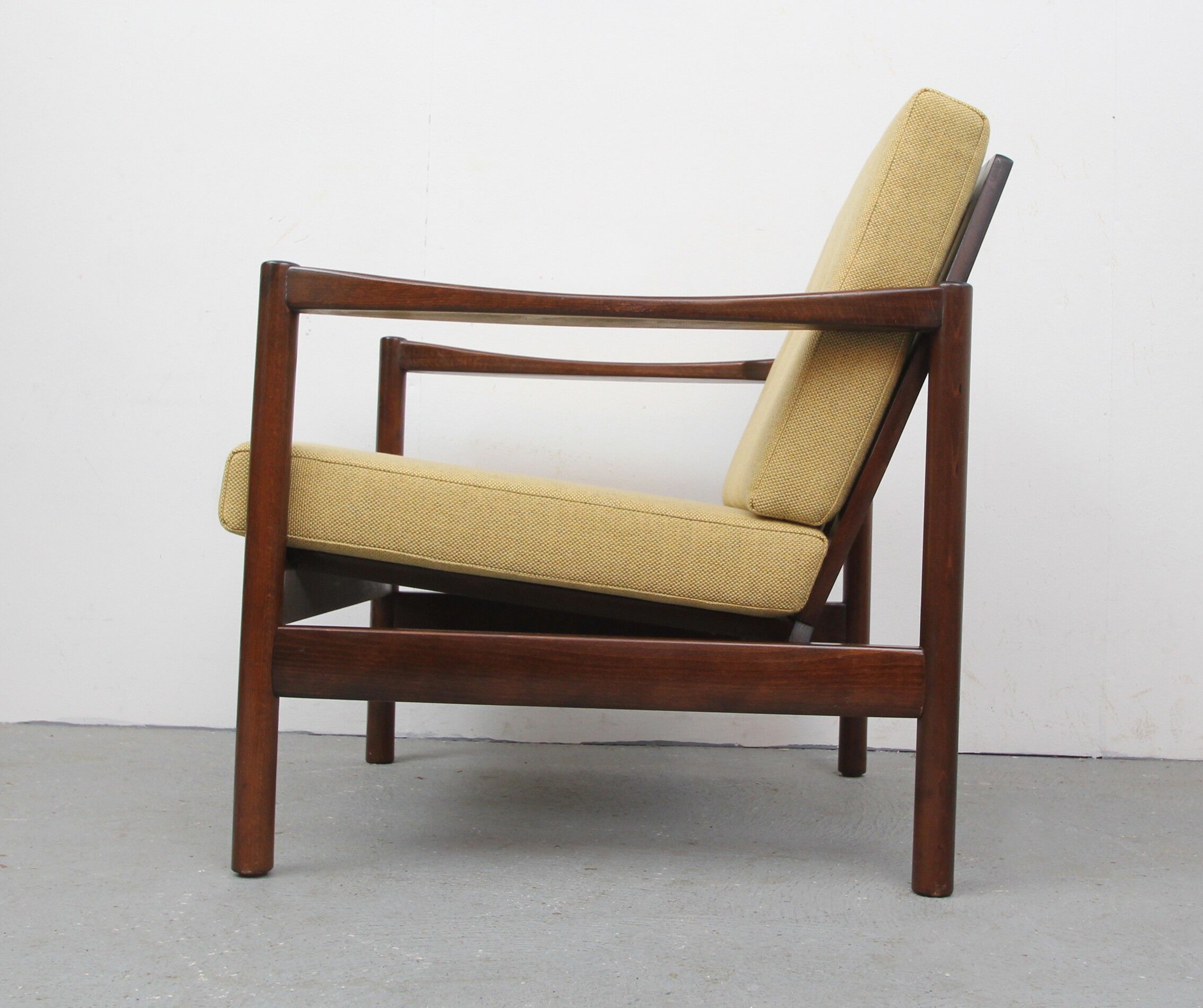 Mid-century walnut armchair in yellow 1960s