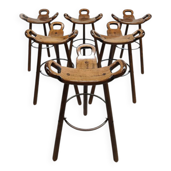 6 tabourets hauts en bois, Espagne milieu XXème