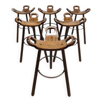 6 tabourets hauts en bois, Espagne milieu XXème