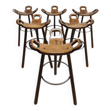 6 tabourets hauts en bois, Espagne milieu XXème