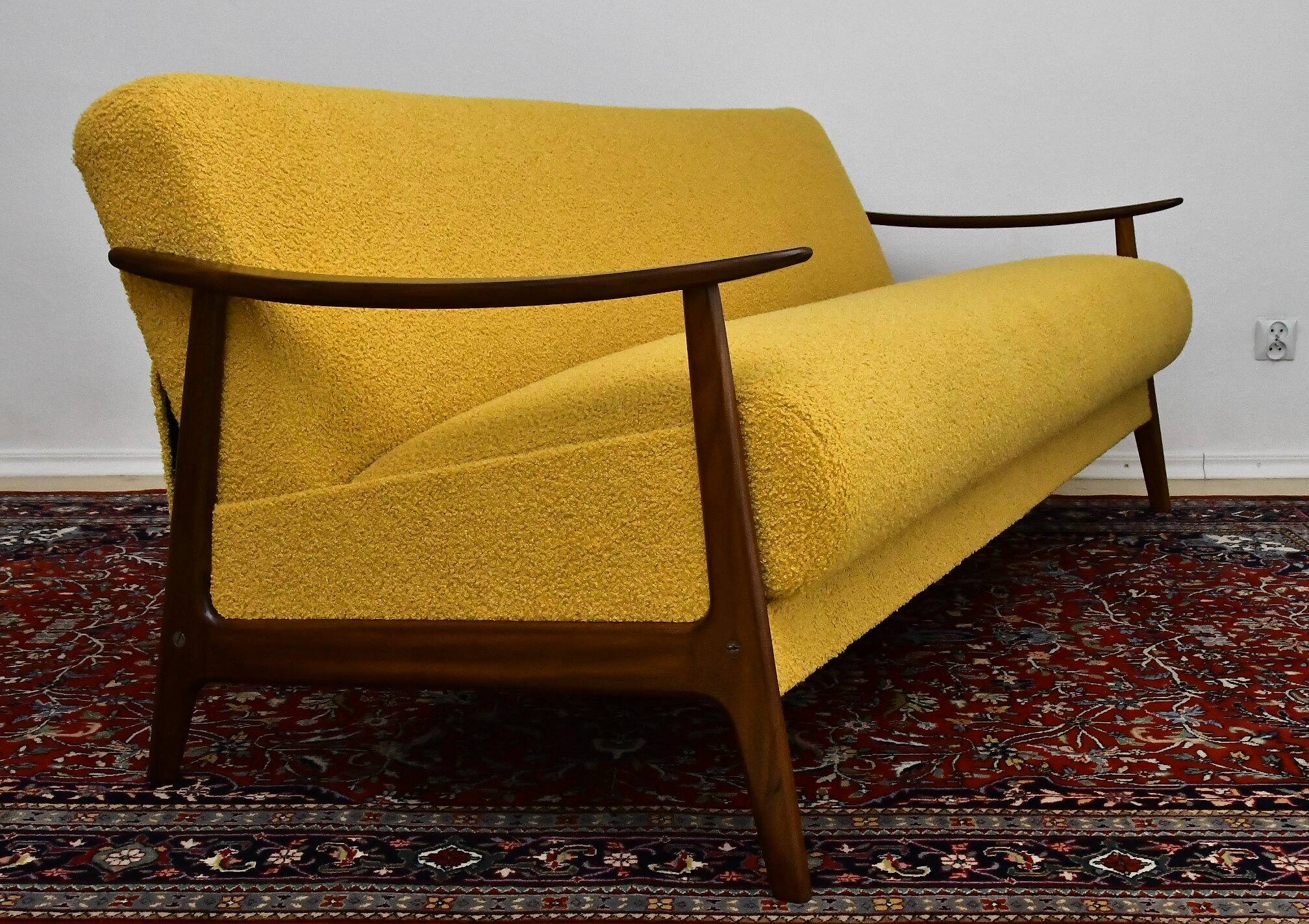 Scandinavian folding sofa in yellow curly teak, 1960s