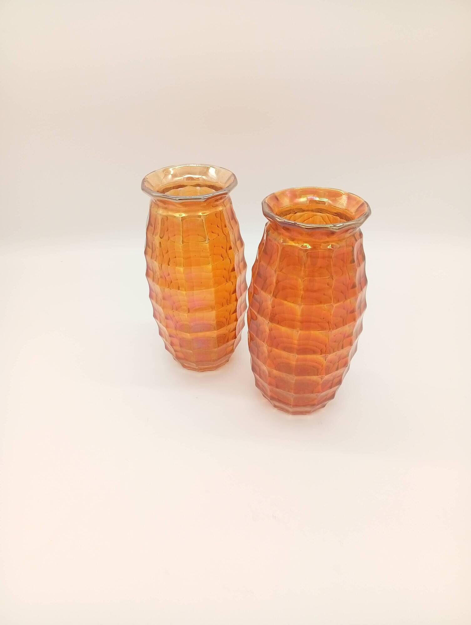 Paire Vases Art Déco Josef Invald Carnival Marigold Orange Irisé Jacobean