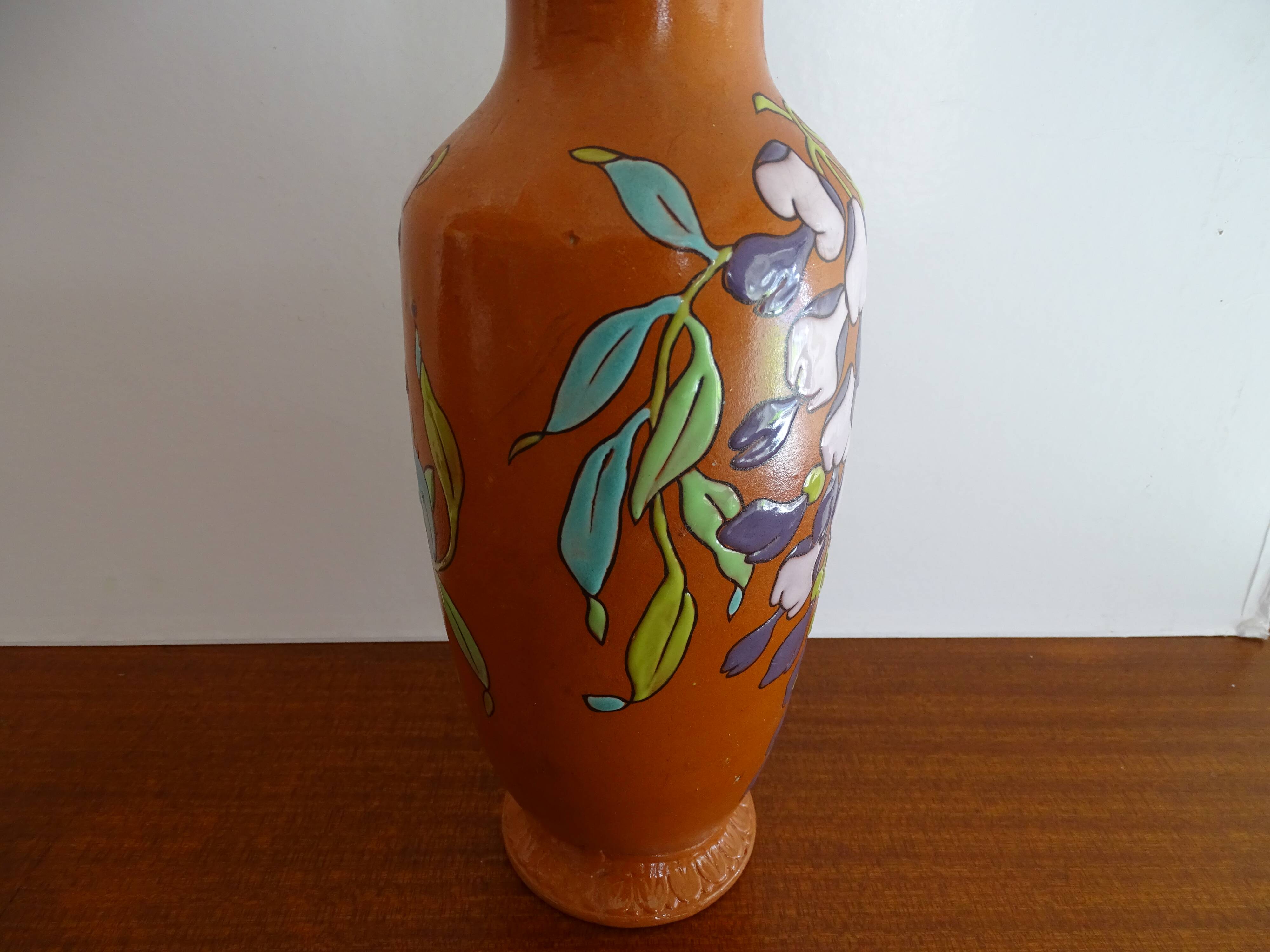 Old Lonchamp iron earth vase polychrome enamels floral decoration - Signed - 36 cm