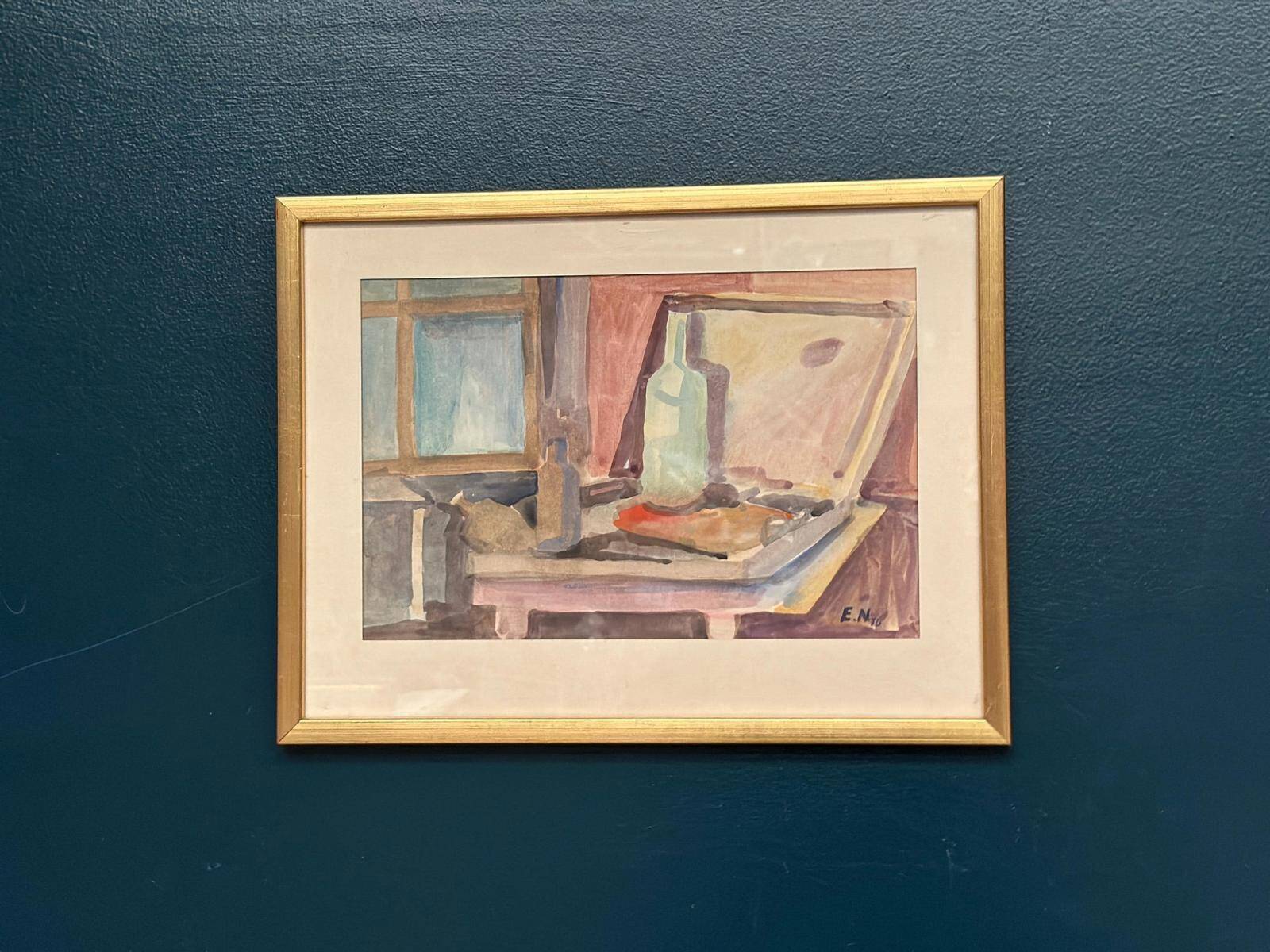 Original Swedish Watercolour On Paper – “Bottle And Window” By Eli Nybo – Dated 1976 – Vintage & Framed